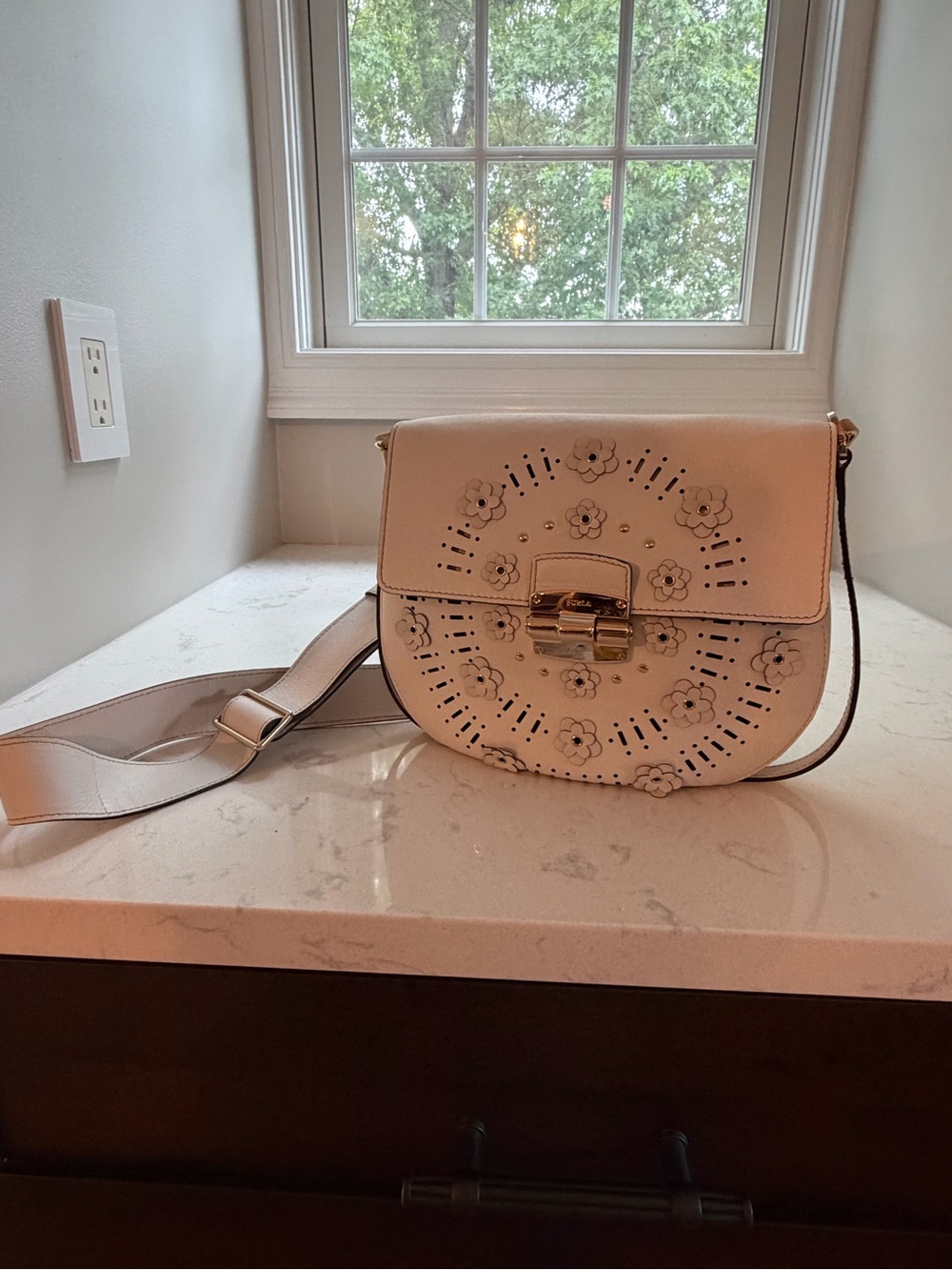 Furla Cream Floral Laser-Cut Leather Crossbody